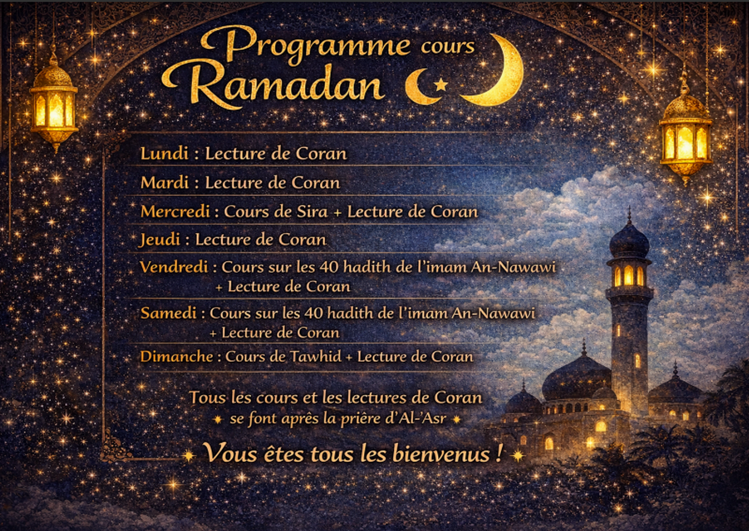 Programme cours mois de Ramadan