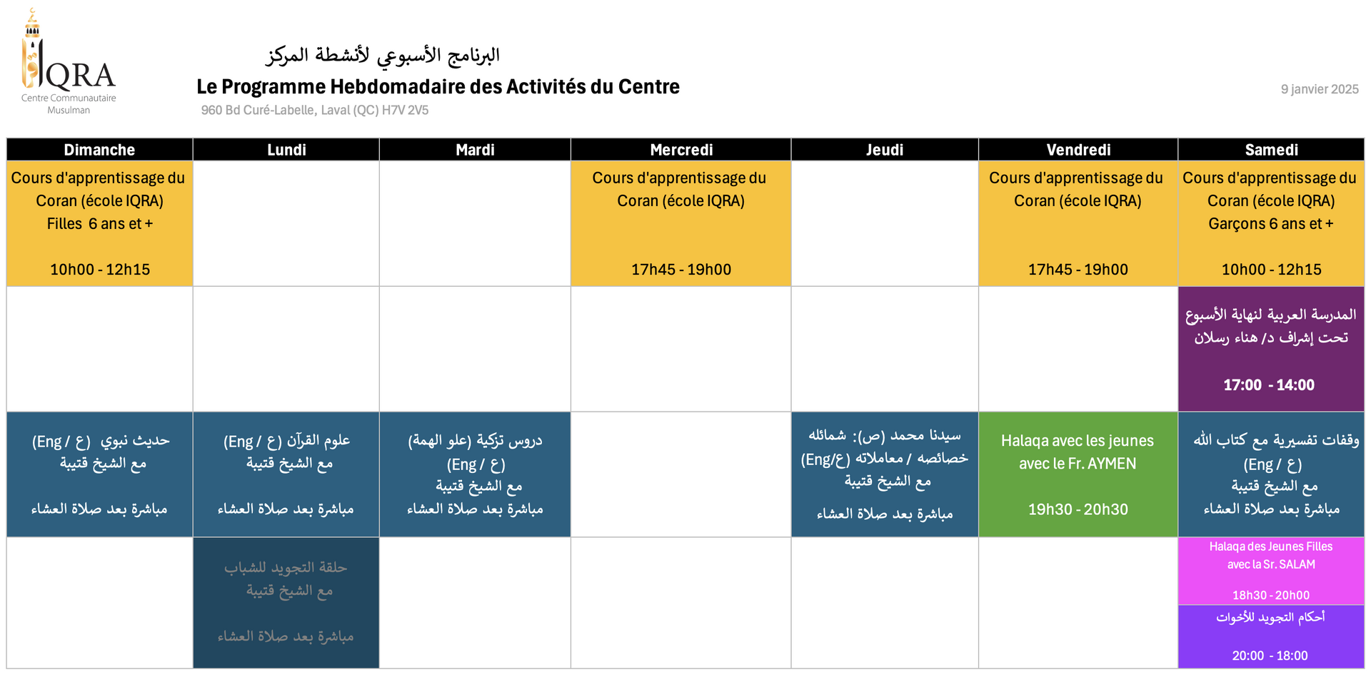 Le Programme Hebdomadaire des Activités