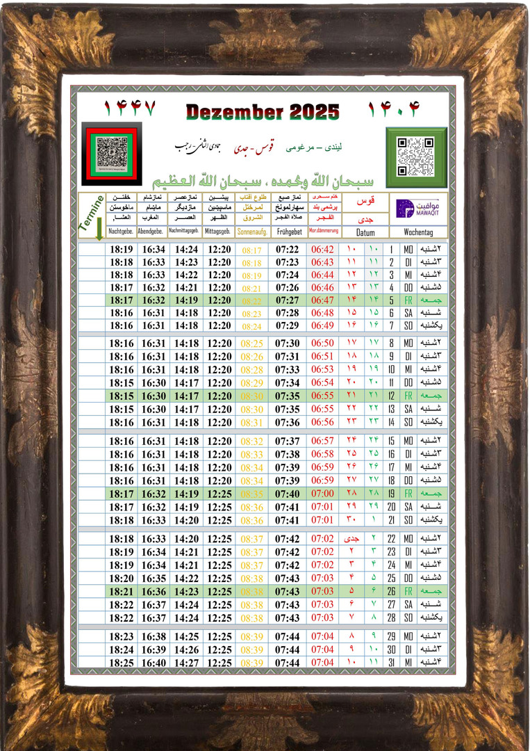 Gebetszeiten Dezember 2025