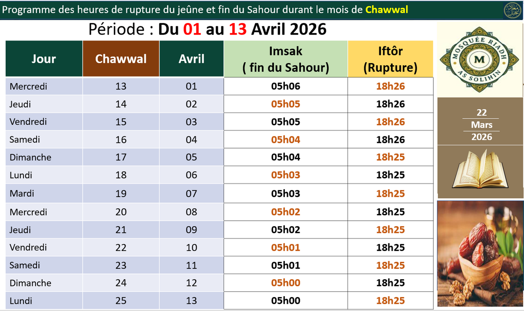 Heures Sohour Chawwal 01-13 Avril 2026