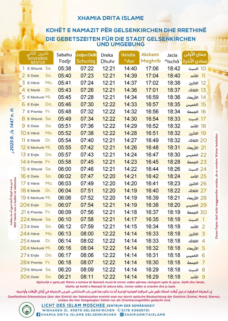 Gebetszeiten November 2025