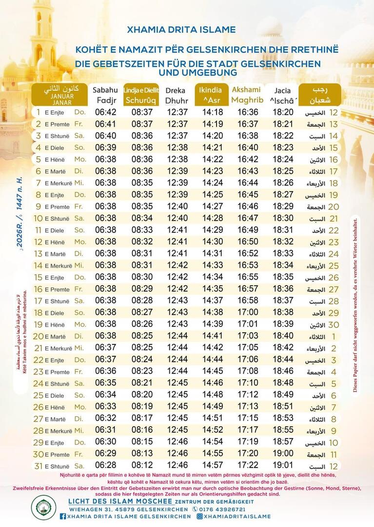 Gebetszeiten für den Monat Januar 2026