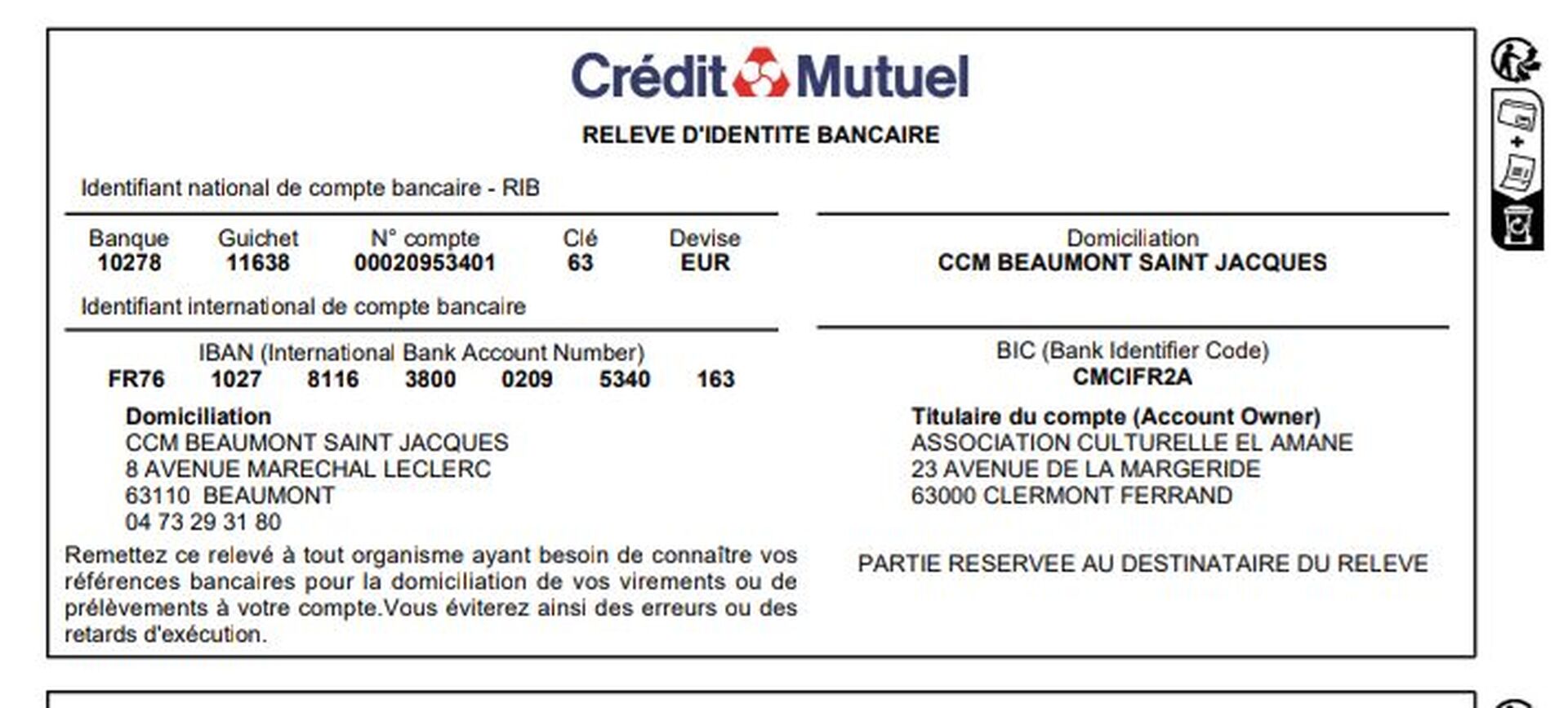 Nouveau RIB de l'association