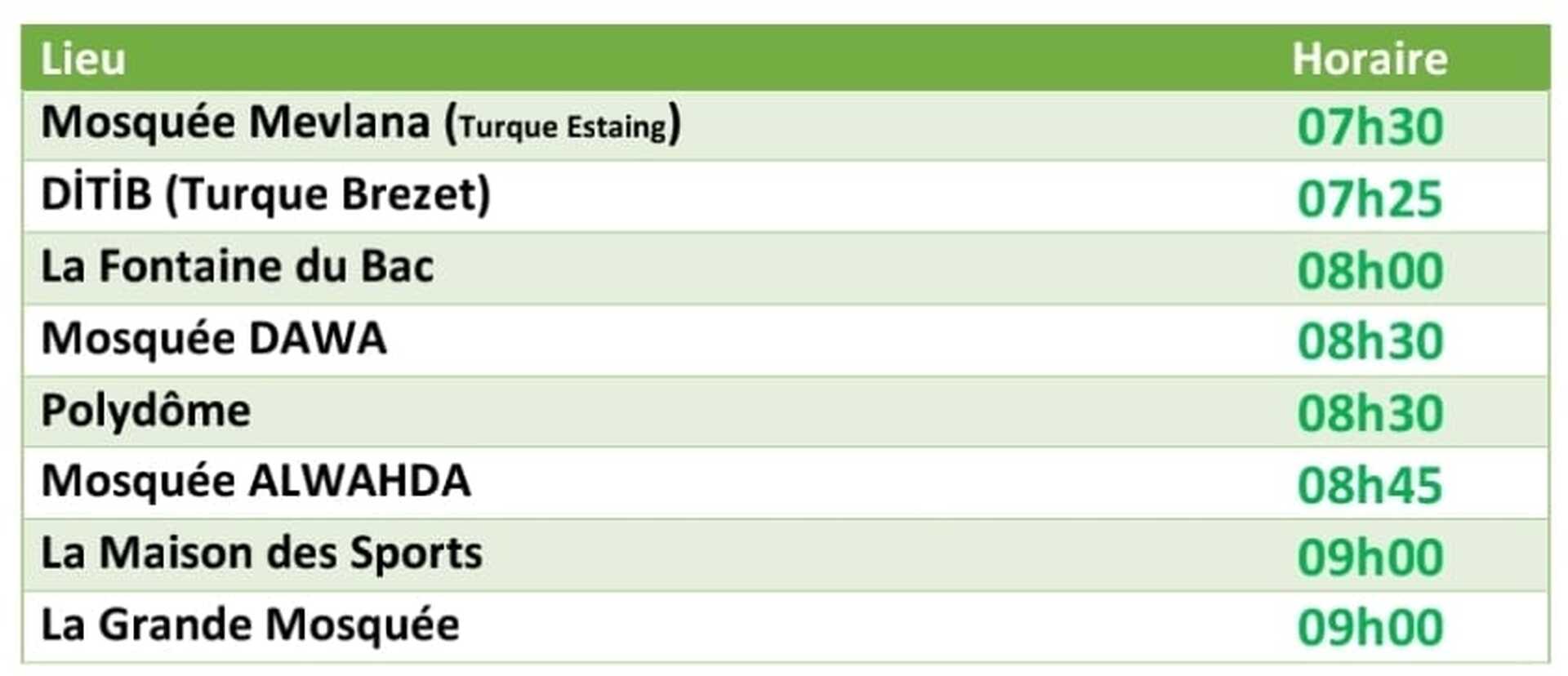 Horaires de l'Aïd Mosquées de Clt-Fd