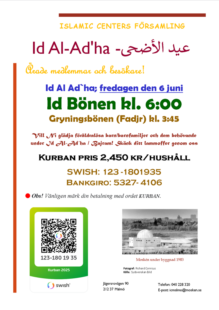 Id Al-Ad'ha fredagen 6 juni kl. 6:00