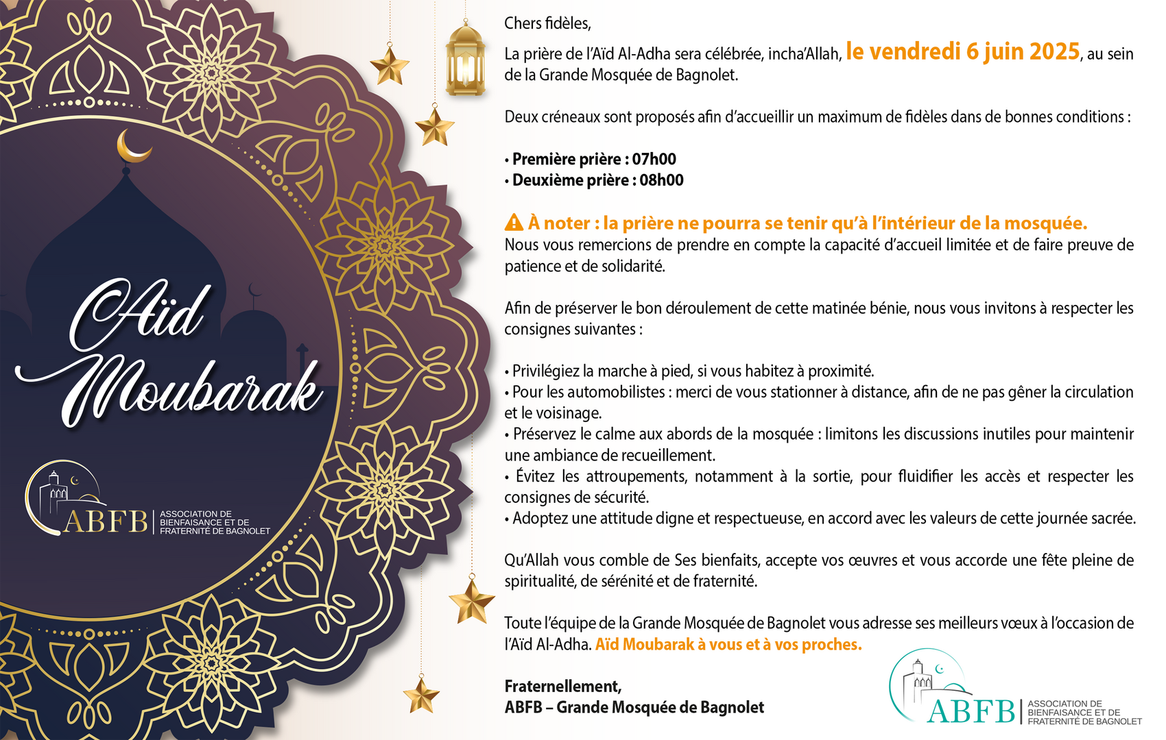 Organisation Salat Aïd Al Adha 2025