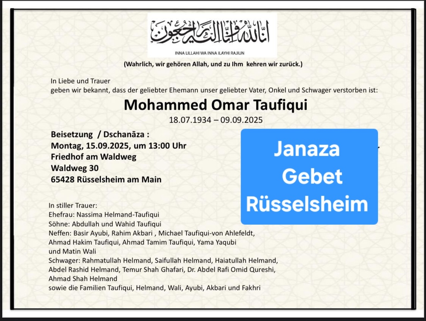 Janaza Gebet Rüsselsheim