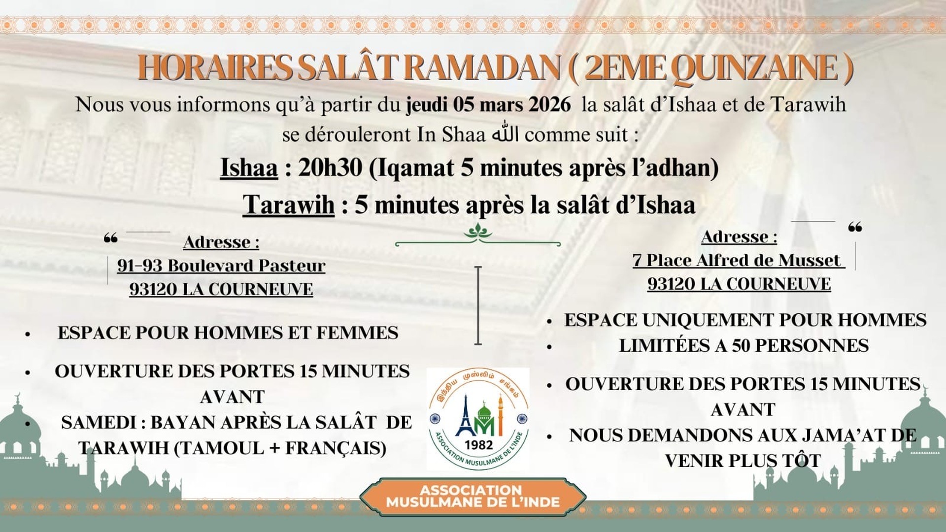 Horaires Salât Ramadan