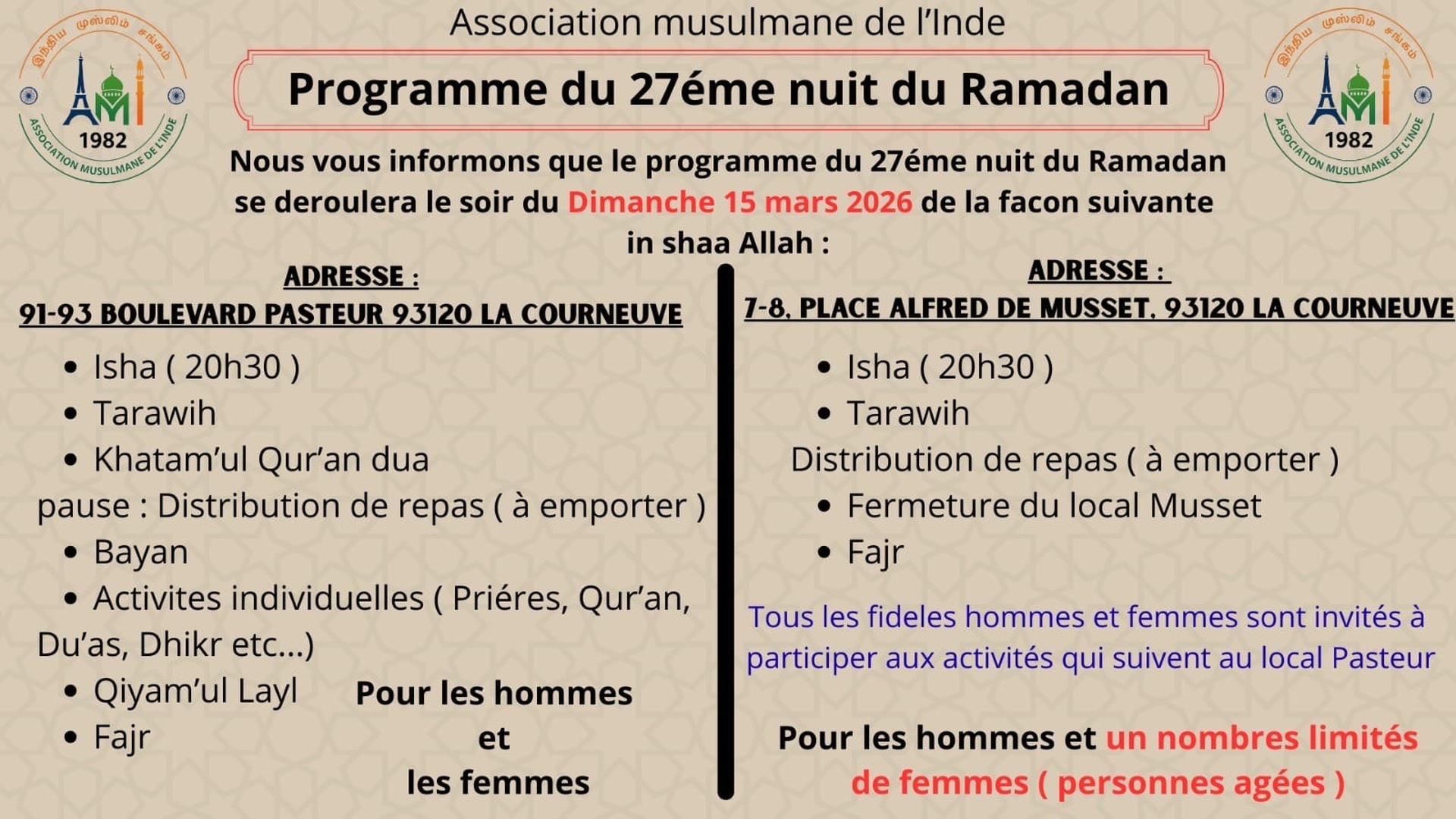 Programme du 27ème nuit du Ramadan