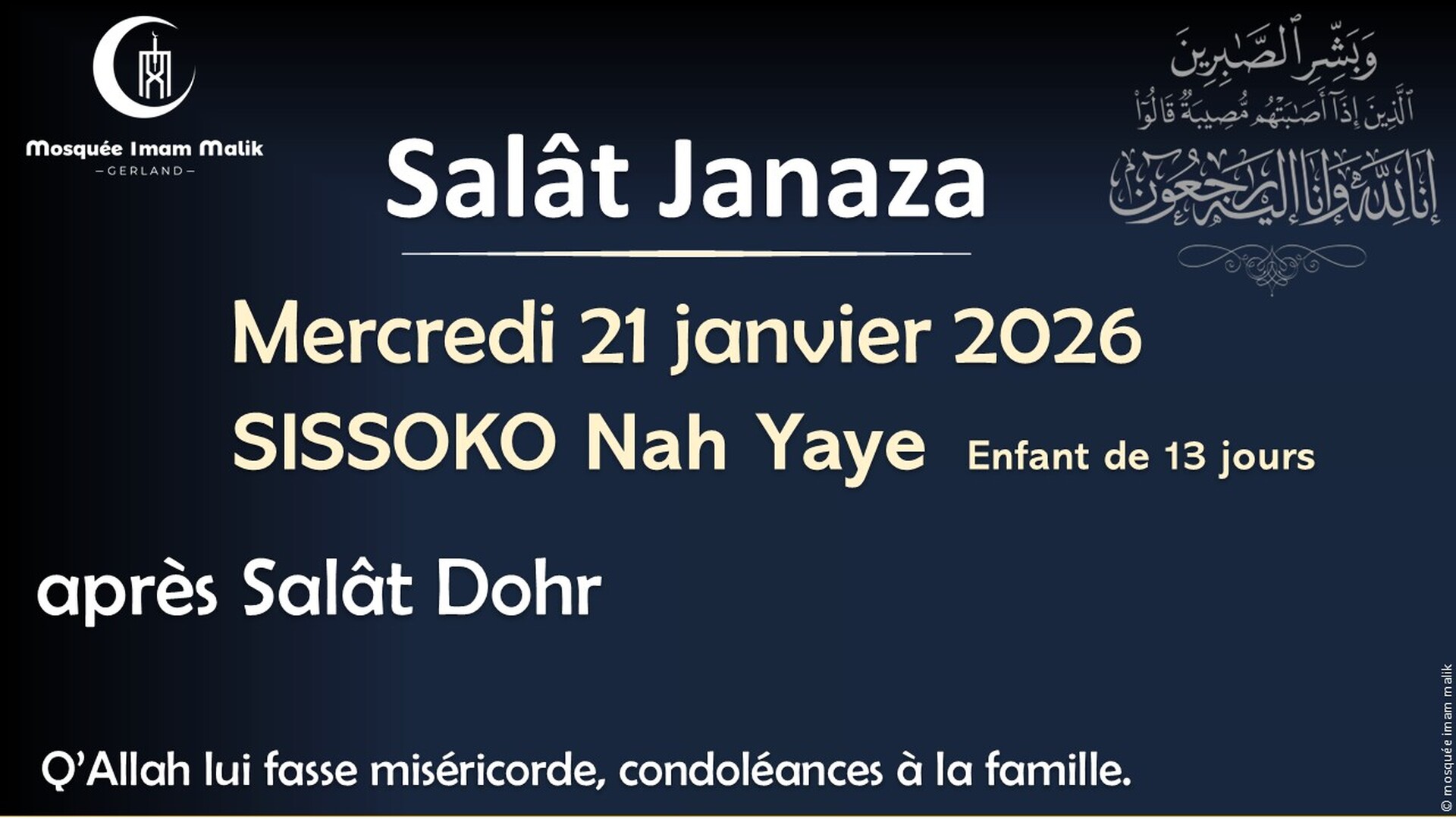 Salât Janaza Mercredi 21 01 2026