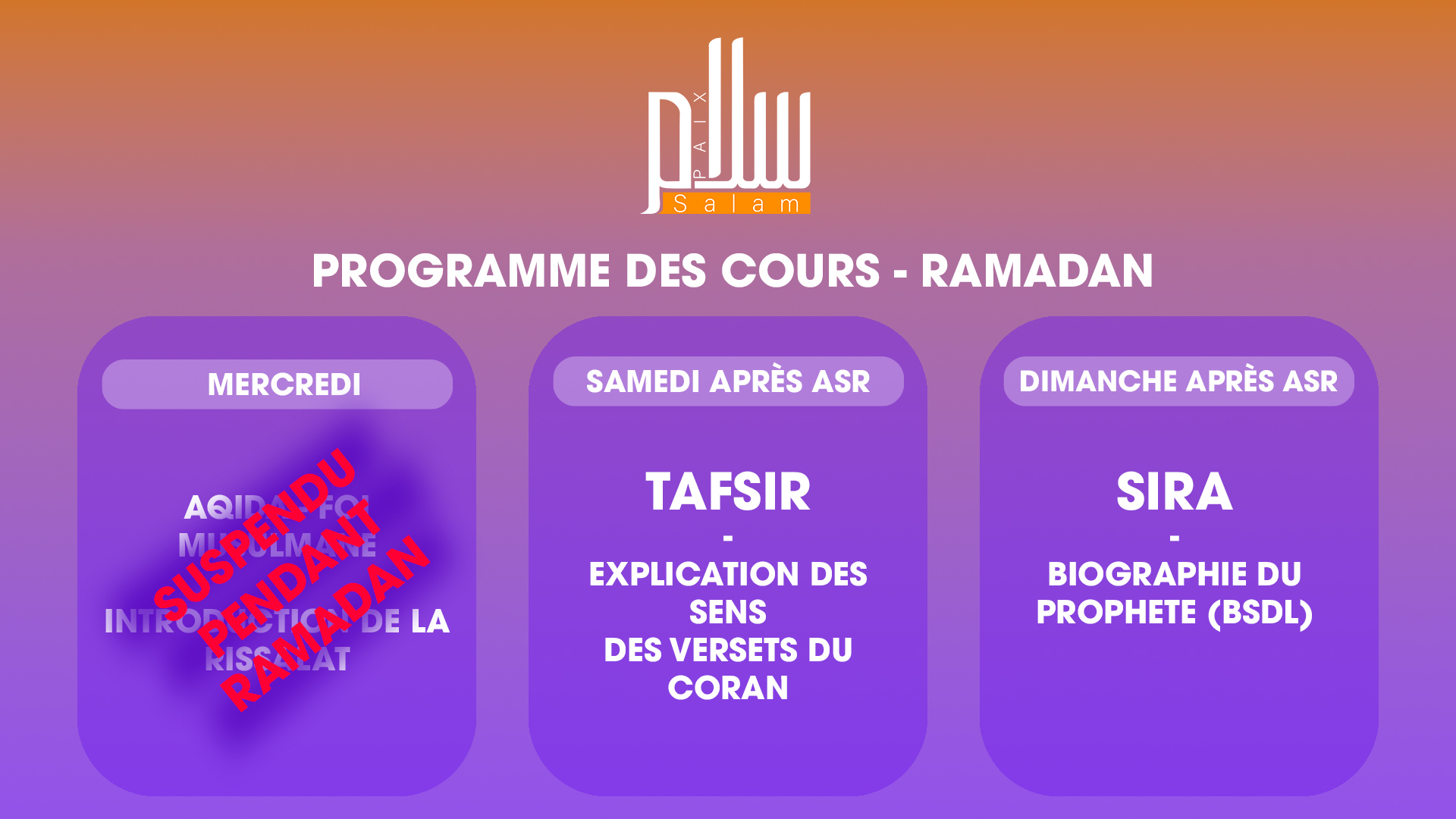 Programme des cours Ramadan