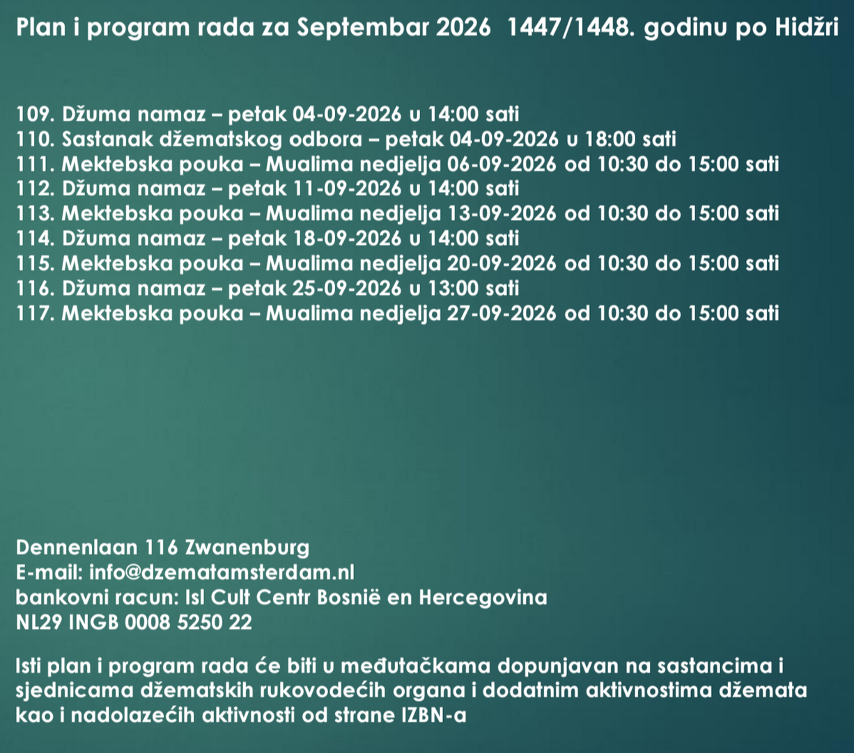 Plan rada septembar 2026 1447/48 h.g.