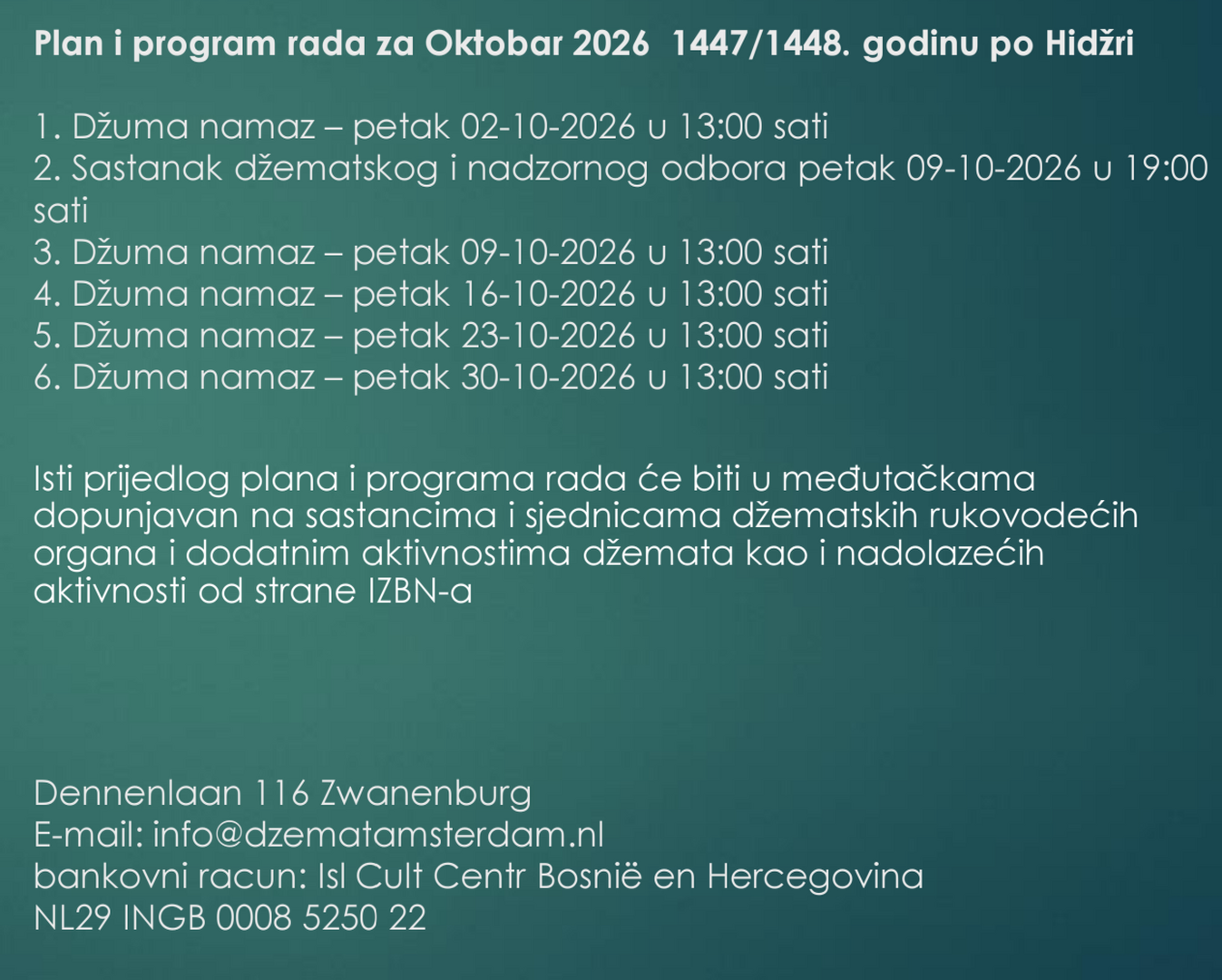 Plan rada oktobar 2026 1447/48 h.g.