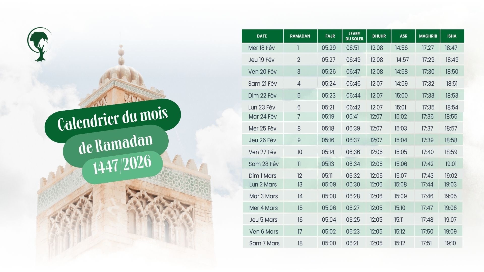 Calendrier du mois de ramadan
