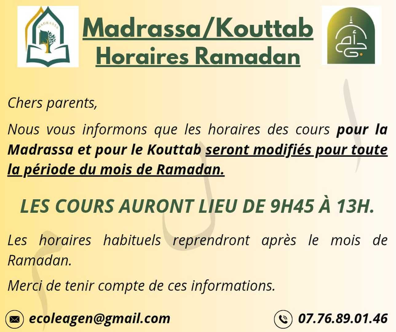 Horaires Madrassa/Kouttab Ramadan