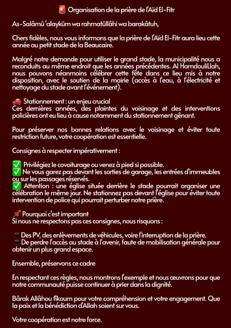 Organisation la prière de l’Aïd El-Fitr