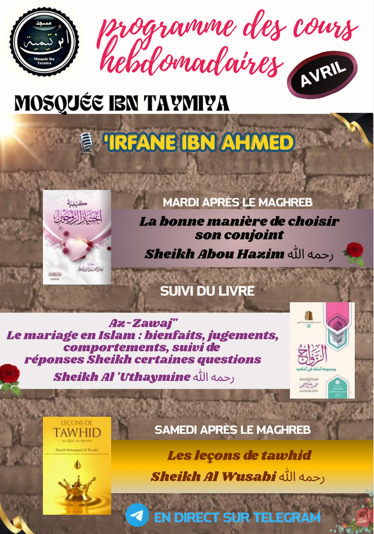 Programme des cours hebdomadaires avril