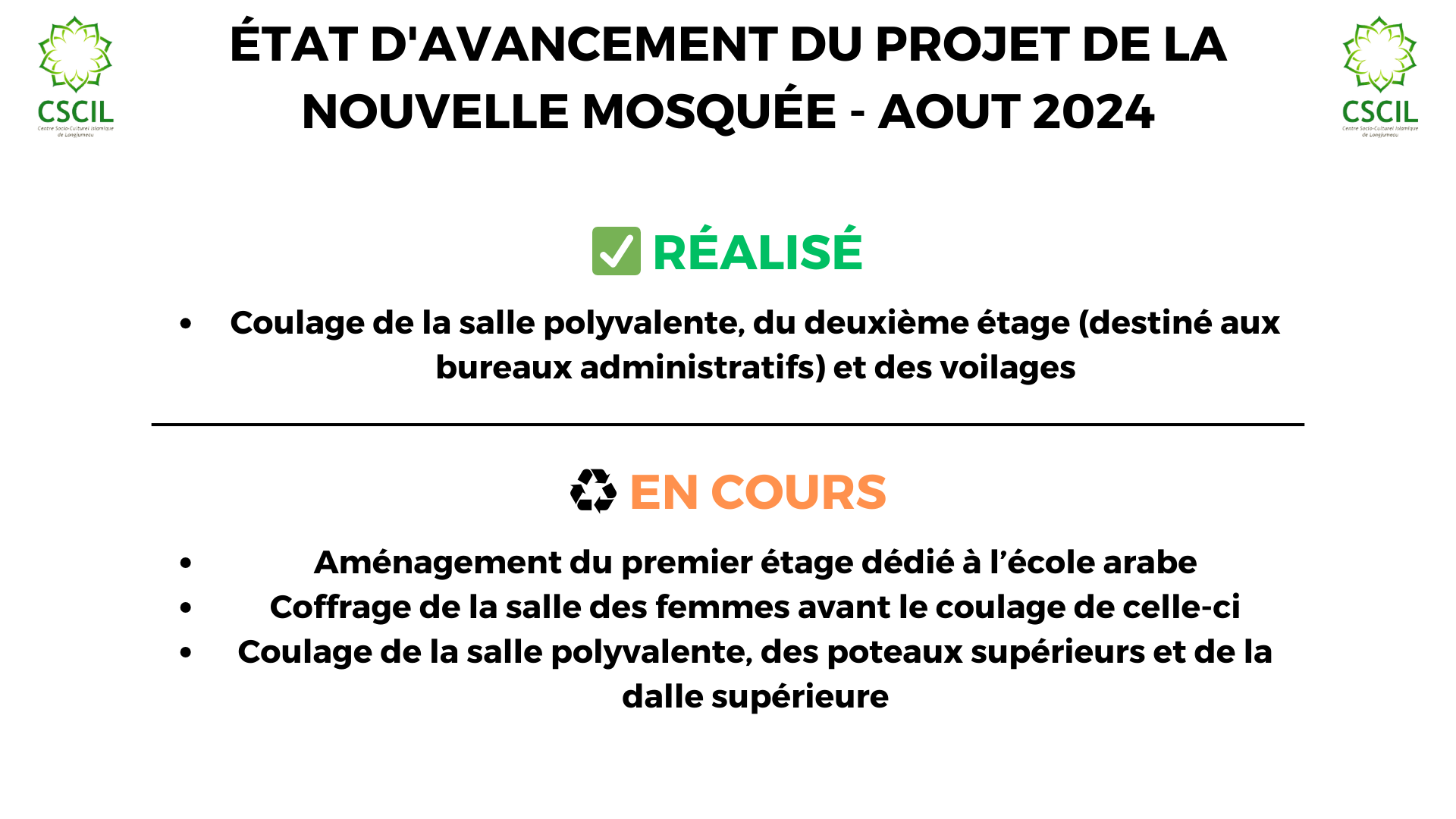 [NOUVELLE MOSQUEE] Avancement (Août 24)