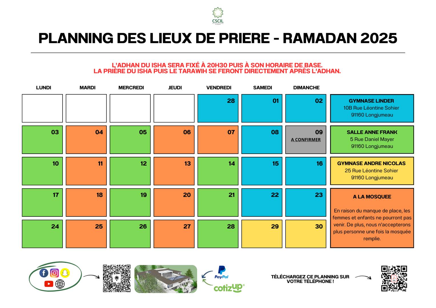 (Ramadan) Planning des lieux de prière