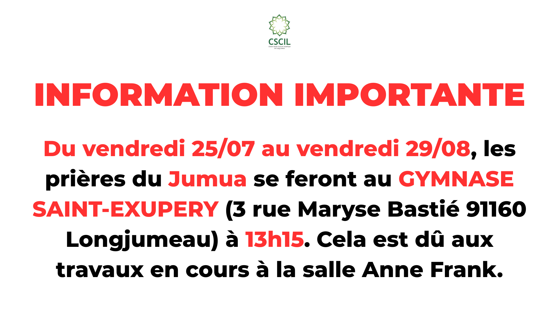 IMPORTANT:Jumua au gymnase Saint-Exupery