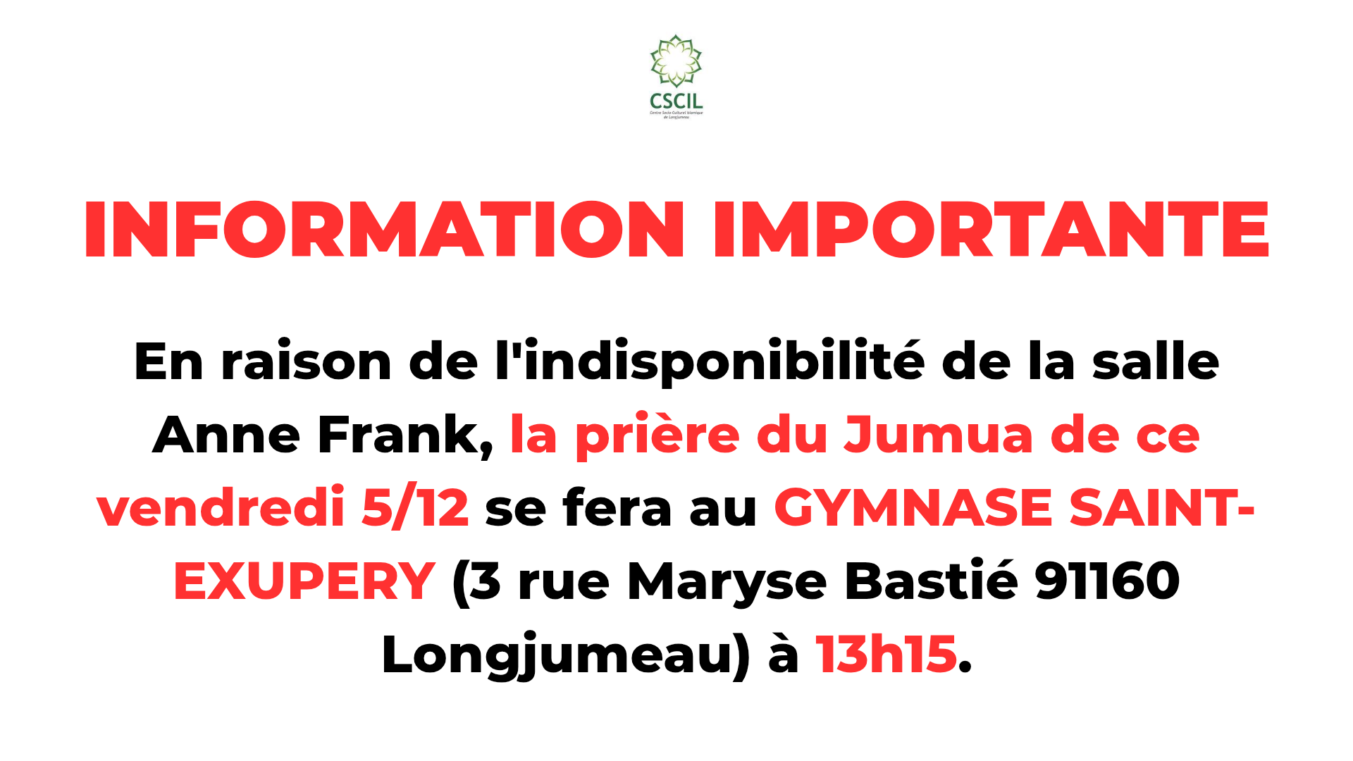 URGENT : JUMUA AU GYMNASE SAINT-EXUPERY