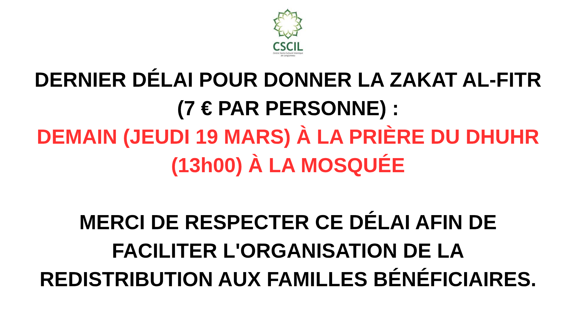 Dernier délai pour Zakat Al-Fitr