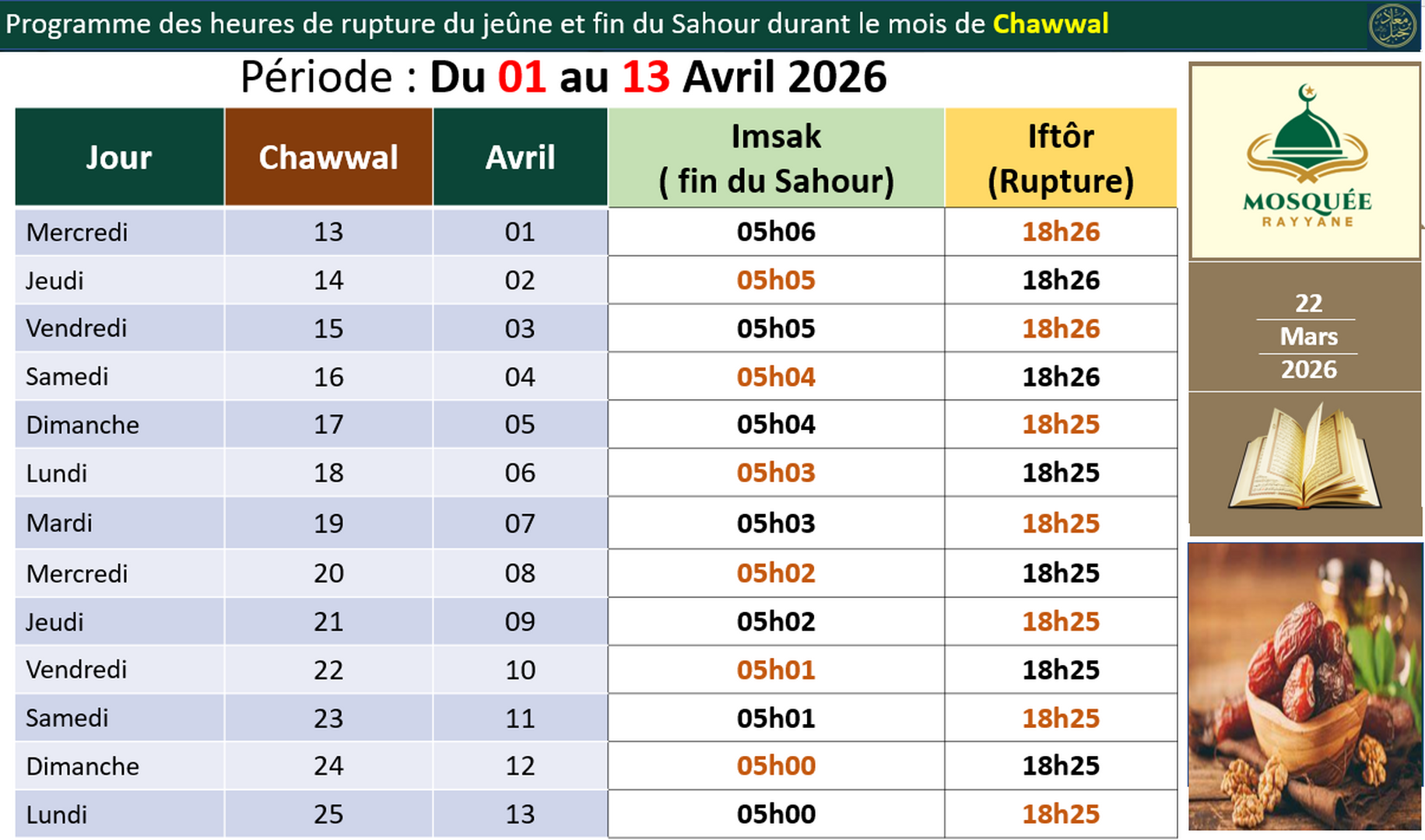 Heures Sohour Chawwal 01-13 Avril 2026