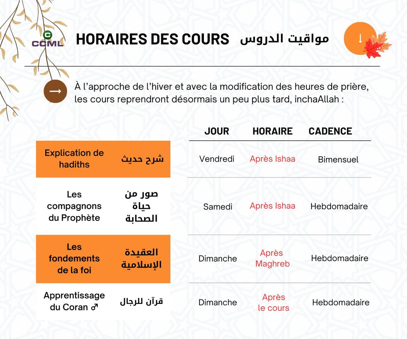 Horaires Des Cours
