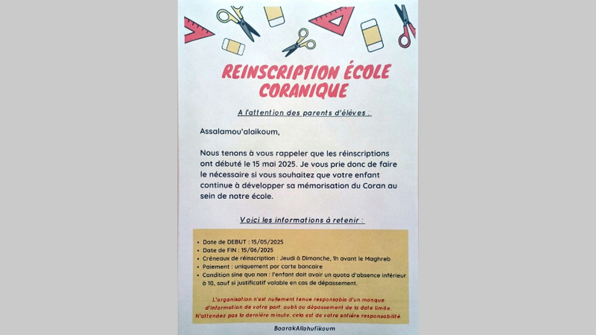 Ré-inscription école coranique