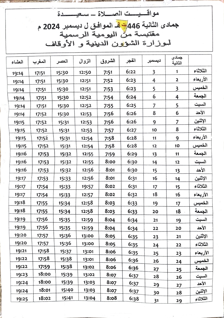 مواقيت الصلاة لشهر جمادى الآخر