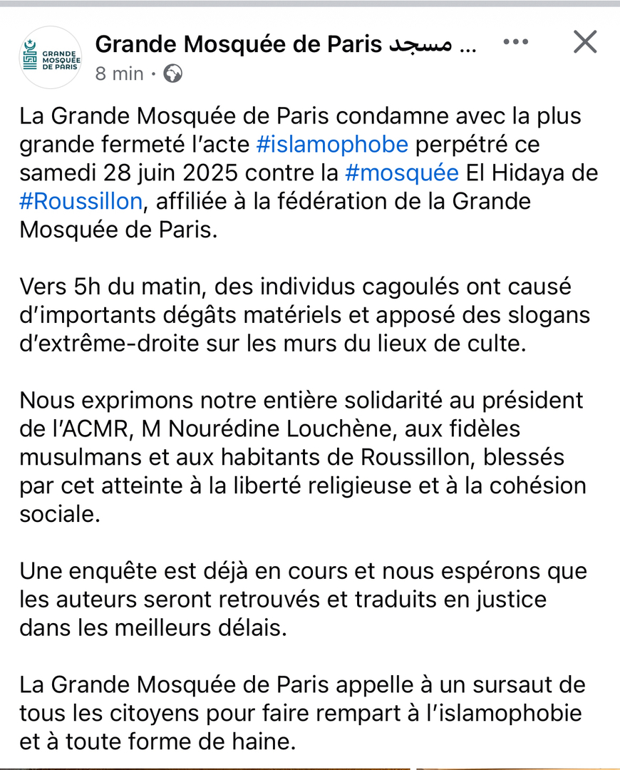 Communiqué  Grande Mosquée de Paris