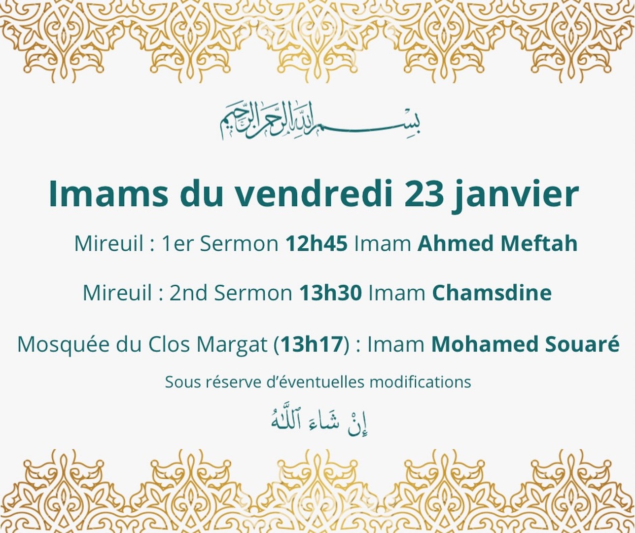 Vos imams de ce vendredi 23 janvier