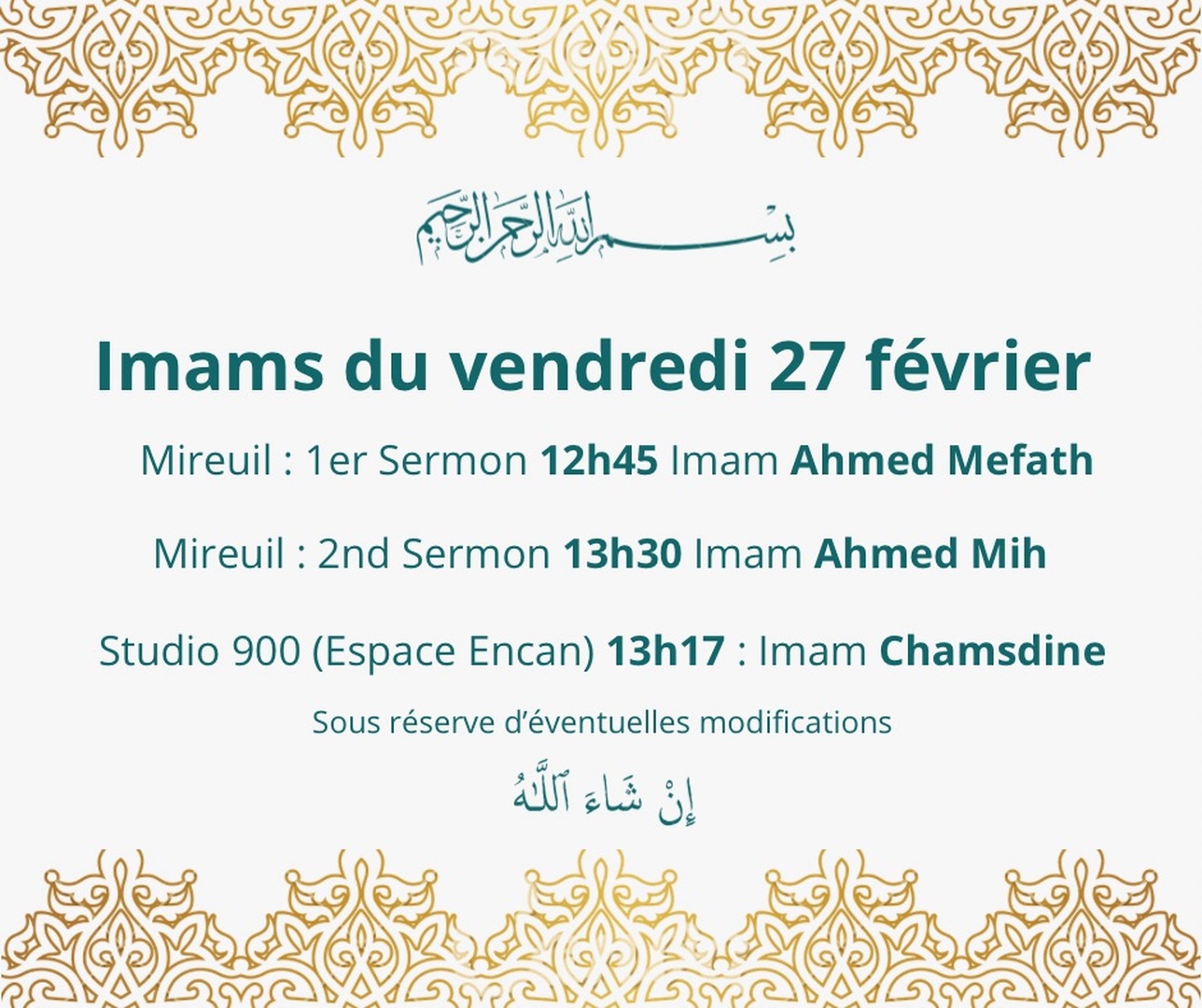 Vos imams de ce vendredi 27 février