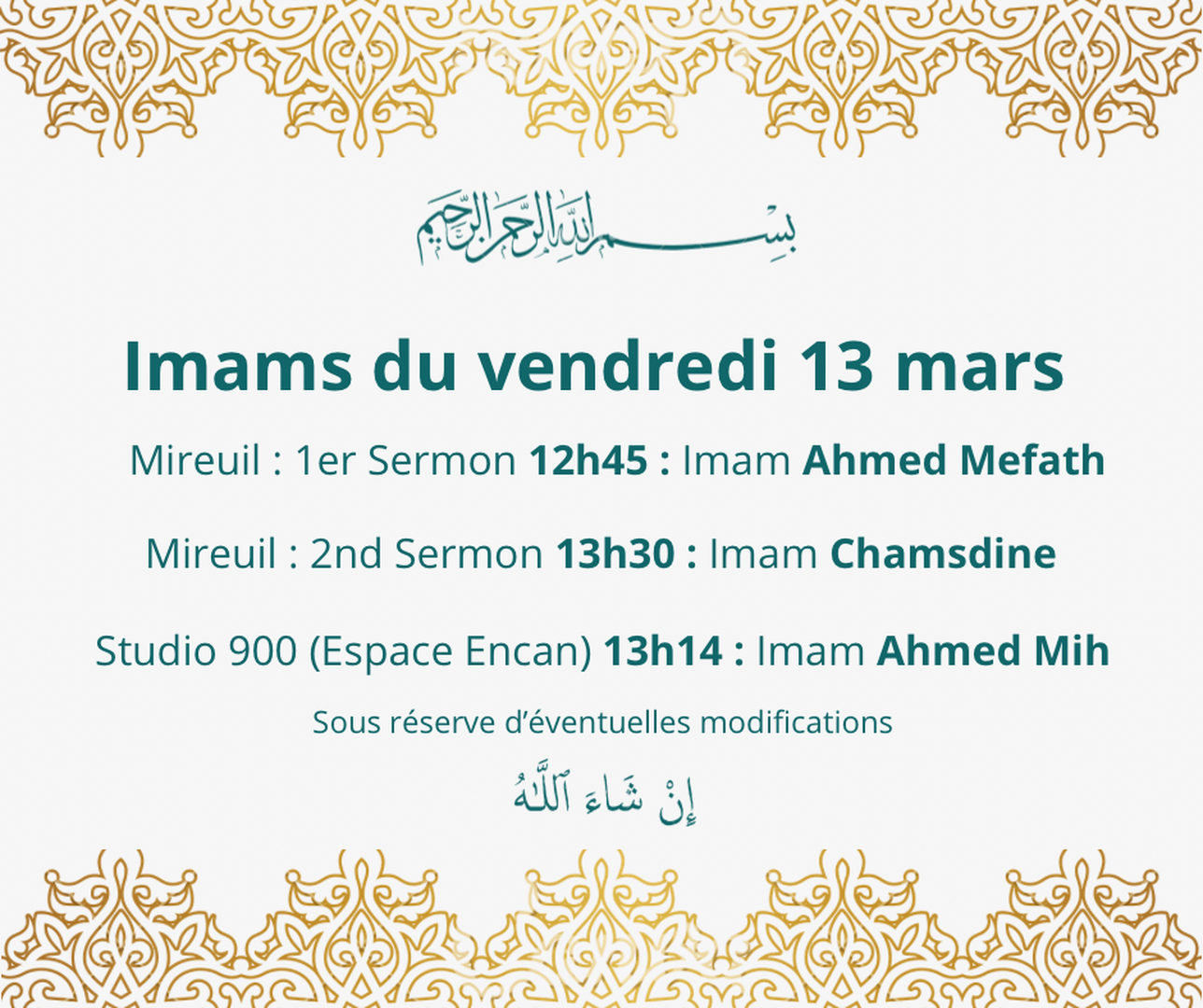 Vos imams de ce vendredi 13 mars