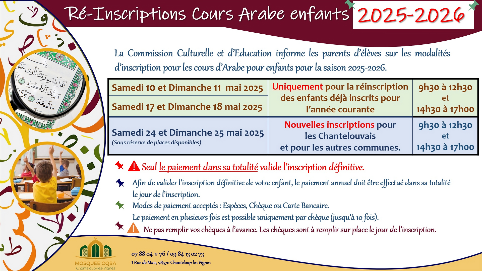 Réinscriptions cours Arabe enfants 25/26